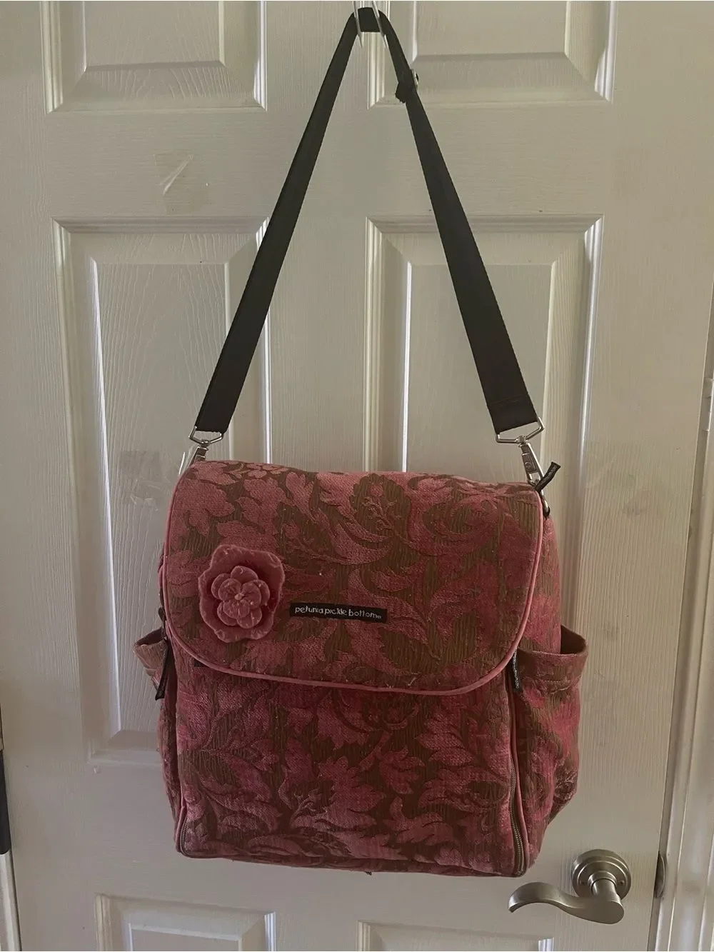 Petunia Pickle Bottom Pink Floral Jacquard Messenger Diaper Bag with Black Strap